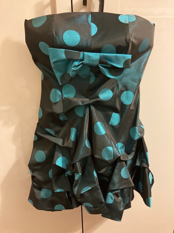 Turkuaz Puantiyeli Fiyonklu Mini Abiye Elbise (balon etek altı) - Görsel 2