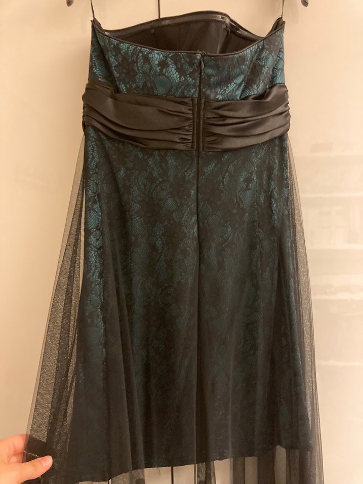 Siyah Tüllü Koyu Yeşil Straplez Abiye mini Elbise - Görsel 4