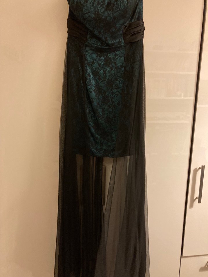 Siyah Tüllü Koyu Yeşil Straplez Abiye mini Elbise - Görsel 3