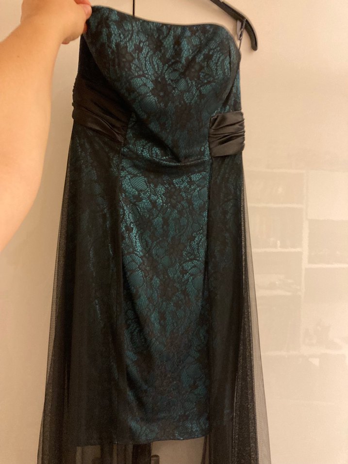 Siyah Tüllü Koyu Yeşil Straplez Abiye mini Elbise - Görsel 2