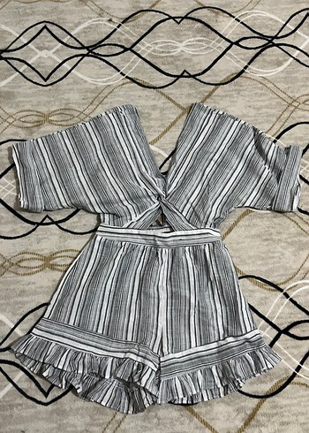 Gri Çizgili Keten Mini Tulum - Görsel 3