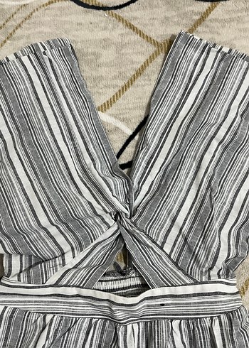 Gri Çizgili Keten Mini Tulum - Görsel 4