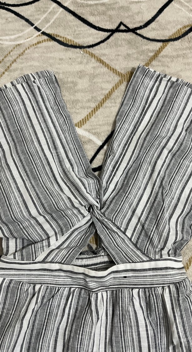 Gri Çizgili Keten Mini Tulum - Görsel 4