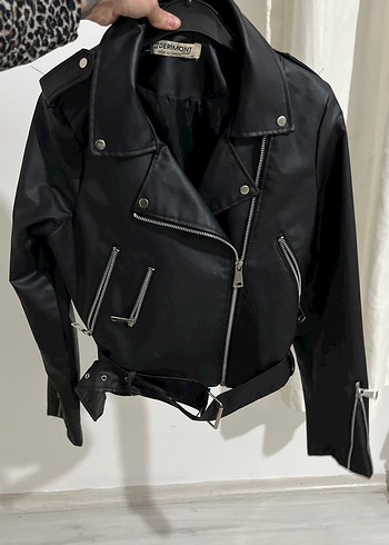 Kadın Siyah Kemerli Deri Biker Ceket - Görsel 3