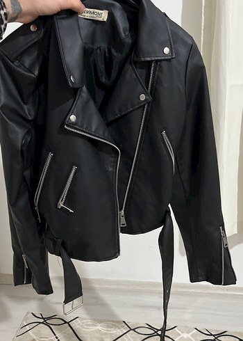 Kadın Siyah Kemerli Deri Biker Ceket - Görsel 2