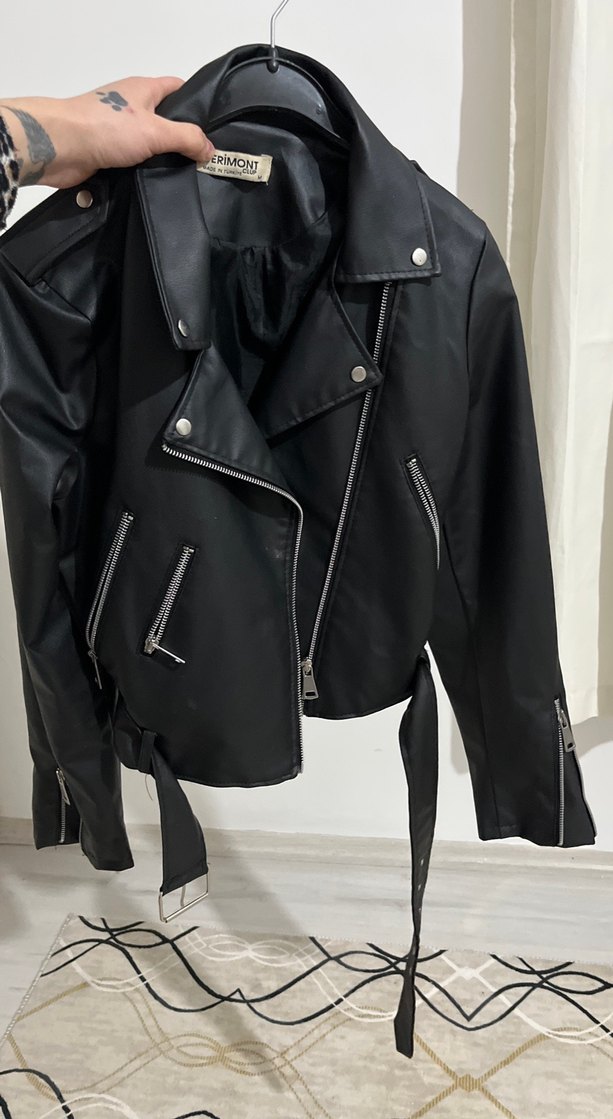 Kadın Siyah Kemerli Deri Biker Ceket - Görsel 2