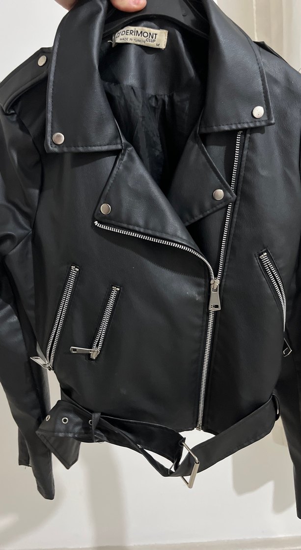 Kadın Siyah Kemerli Deri Biker Ceket - Görsel 4