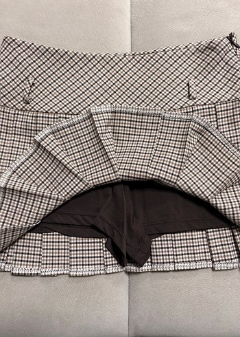 Bej-Kahverengi Ekose Pilili Kemerli Şort-Etek - Görsel 7