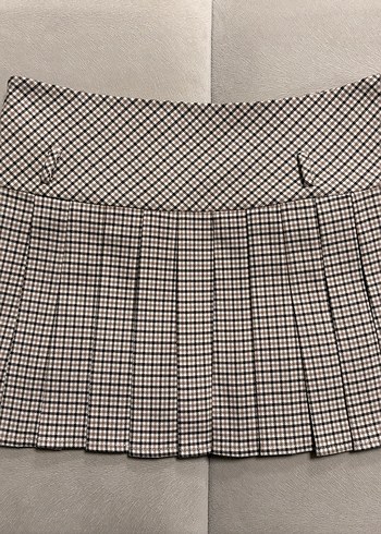 Bej-Kahverengi Ekose Pilili Kemerli Şort-Etek - Görsel 4