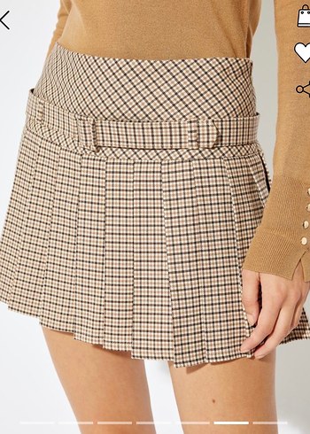 Bej-Kahverengi Ekose Pilili Kemerli Şort-Etek - Görsel 2