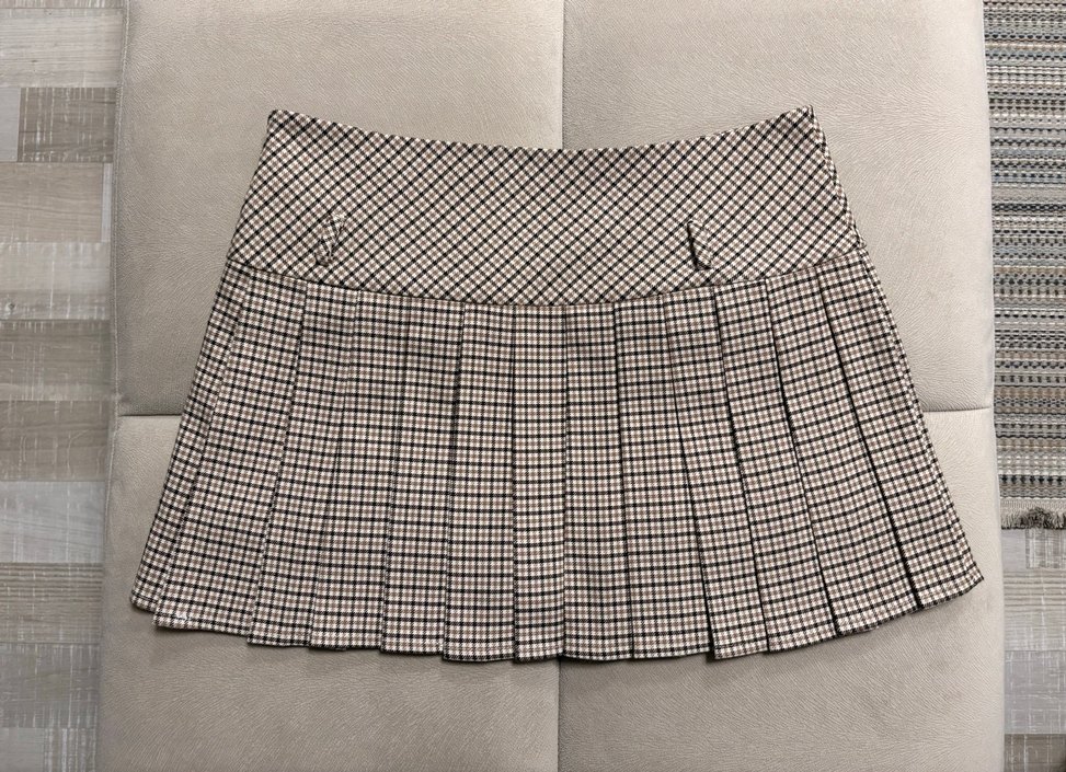 Bej-Kahverengi Ekose Pilili Kemerli Şort-Etek - Görsel 4