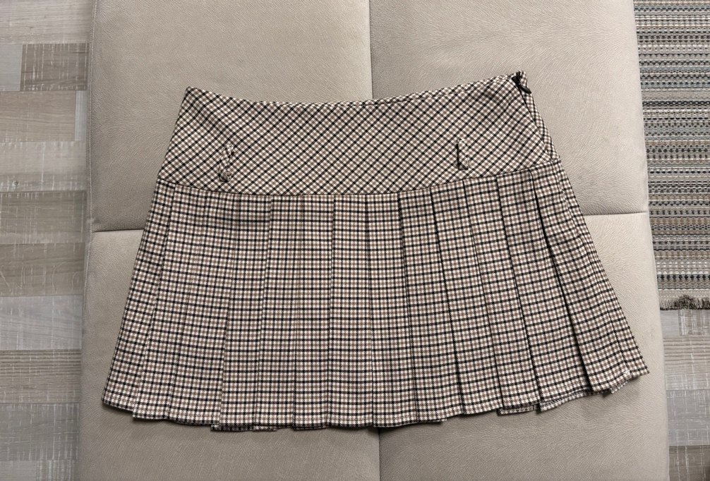 Bej-Kahverengi Ekose Pilili Kemerli Şort-Etek - Görsel 5