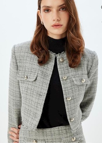 İnci Grisi Düğme Detaylı Vatkalı Tüvit Ceket  - Görsel 2