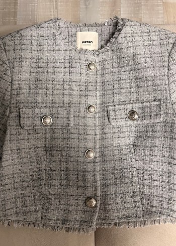 İnci Grisi Düğme Detaylı Vatkalı Tüvit Ceket  - Görsel 5