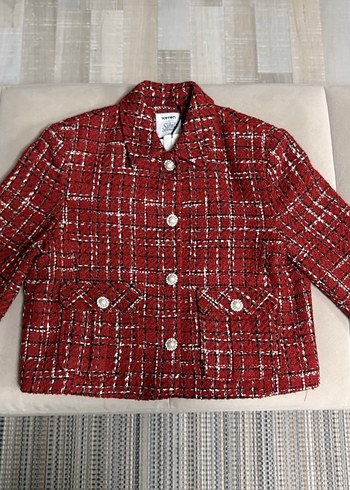 Kırmızı Ekose İnci Düğme Detaylı Tüvit Vatkalı Ceket - Görsel 4