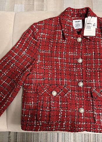 Kırmızı Ekose İnci Düğme Detaylı Tüvit Vatkalı Ceket - Görsel 7