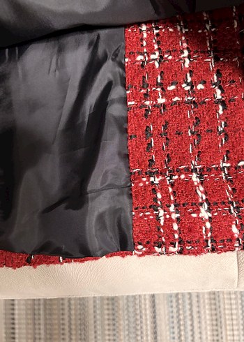 Kırmızı Ekose İnci Düğme Detaylı Tüvit Vatkalı Ceket - Görsel 8