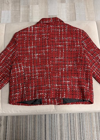 Kırmızı Ekose İnci Düğme Detaylı Tüvit Vatkalı Ceket - Görsel 5