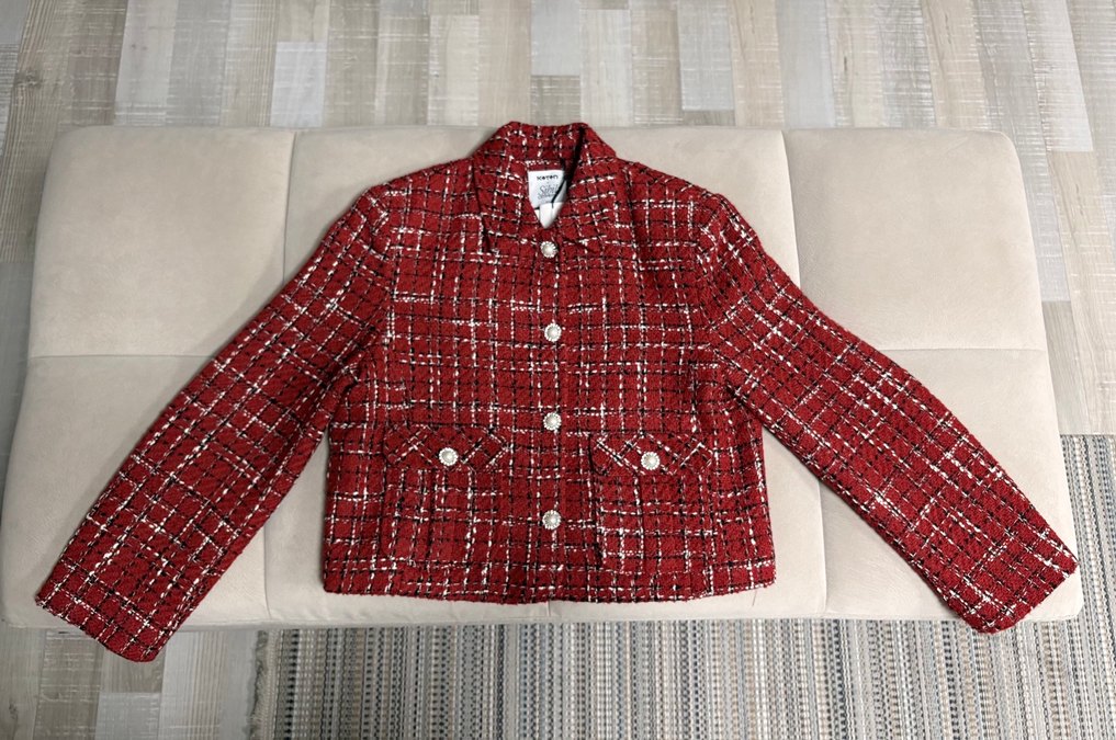 Kırmızı Ekose İnci Düğme Detaylı Tüvit Vatkalı Ceket - Görsel 4