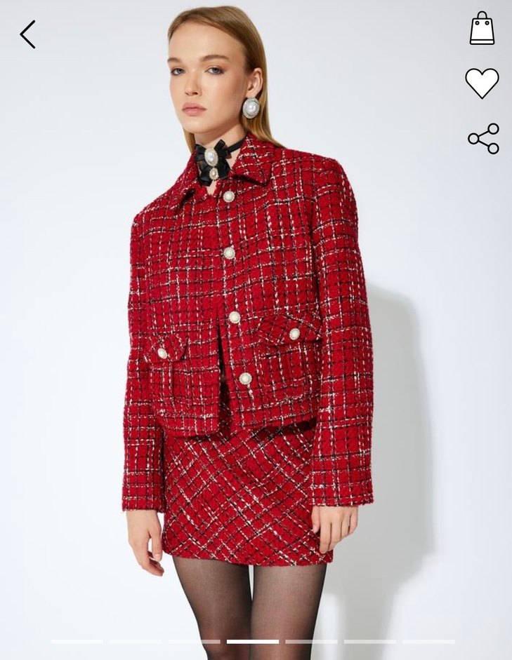 Kırmızı Ekose İnci Düğme Detaylı Tüvit Vatkalı Ceket - Görsel 2