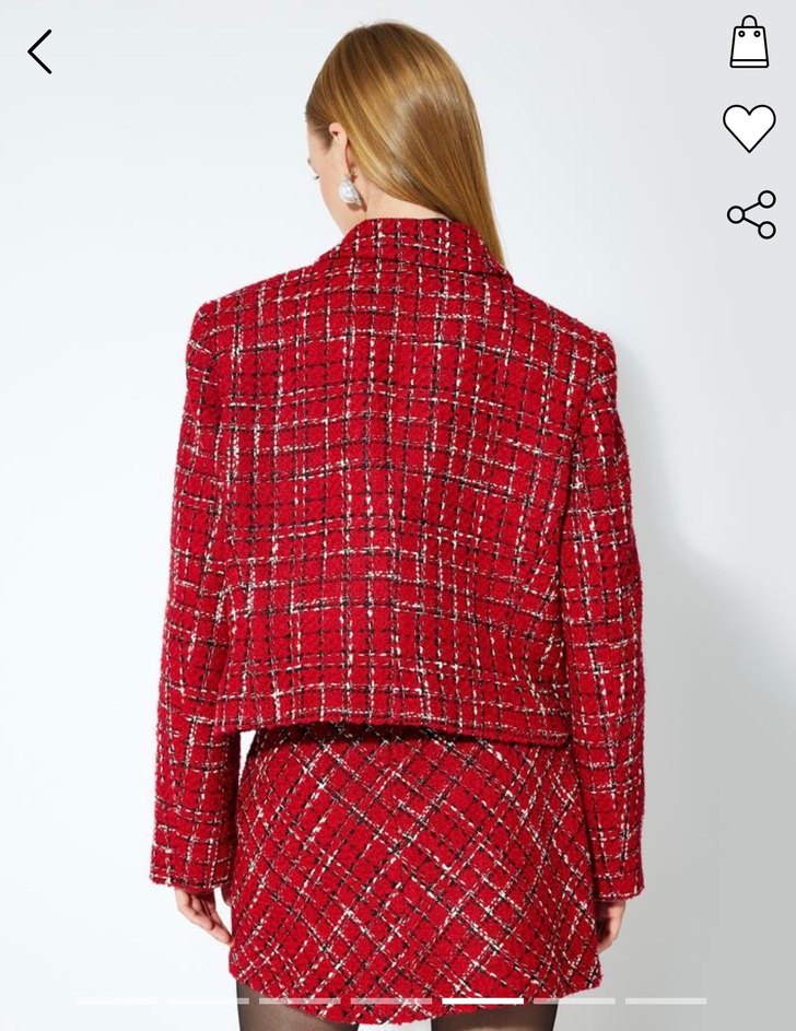 Kırmızı Ekose İnci Düğme Detaylı Tüvit Vatkalı Ceket - Görsel 3