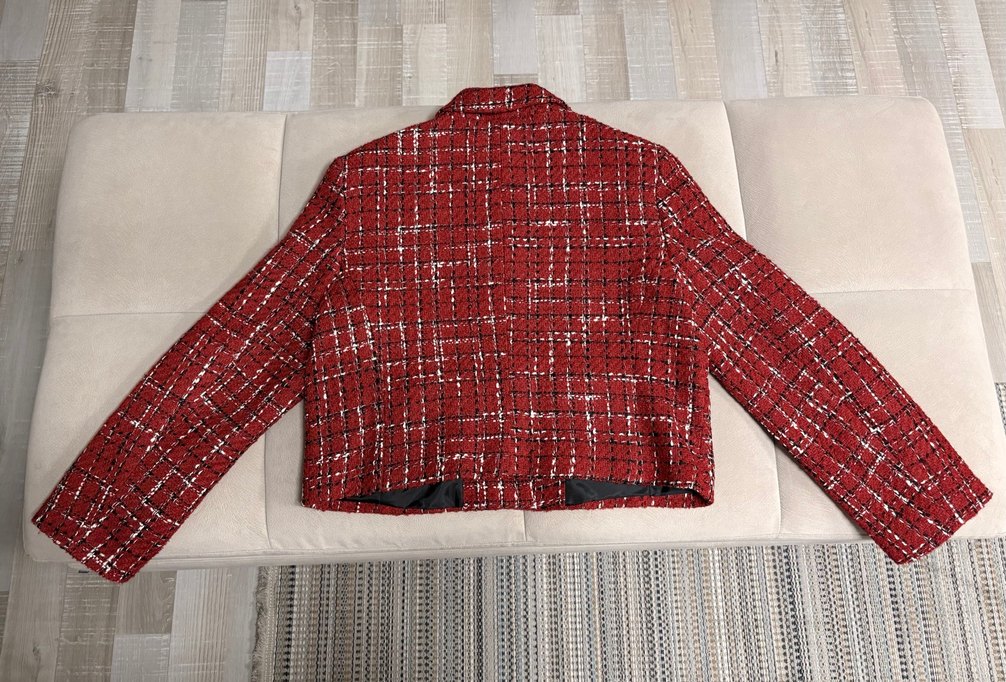 Kırmızı Ekose İnci Düğme Detaylı Tüvit Vatkalı Ceket - Görsel 5