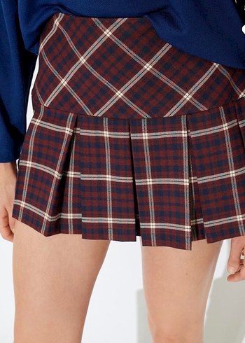 Bordo Ekose Pileli Etek  - Görsel 2