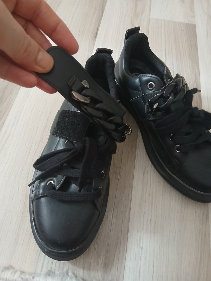 Siyah Zincir Tokalı Goth Stiletto Topuklu Sneakers - Görsel 2