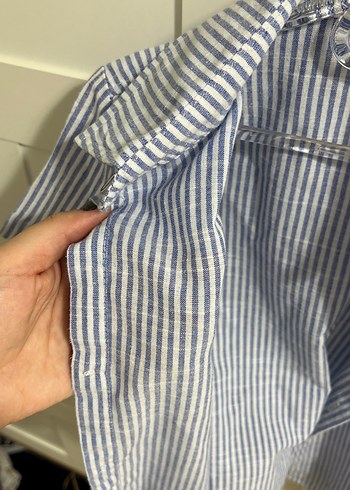 4 Yaş Beden mavi Renk Mavi Gri Çizgili Kısa Kollu Keten Gömlek