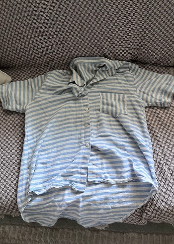 Mavi Çizgili Kısa Kollu şile bezi gömlek - Görsel 2