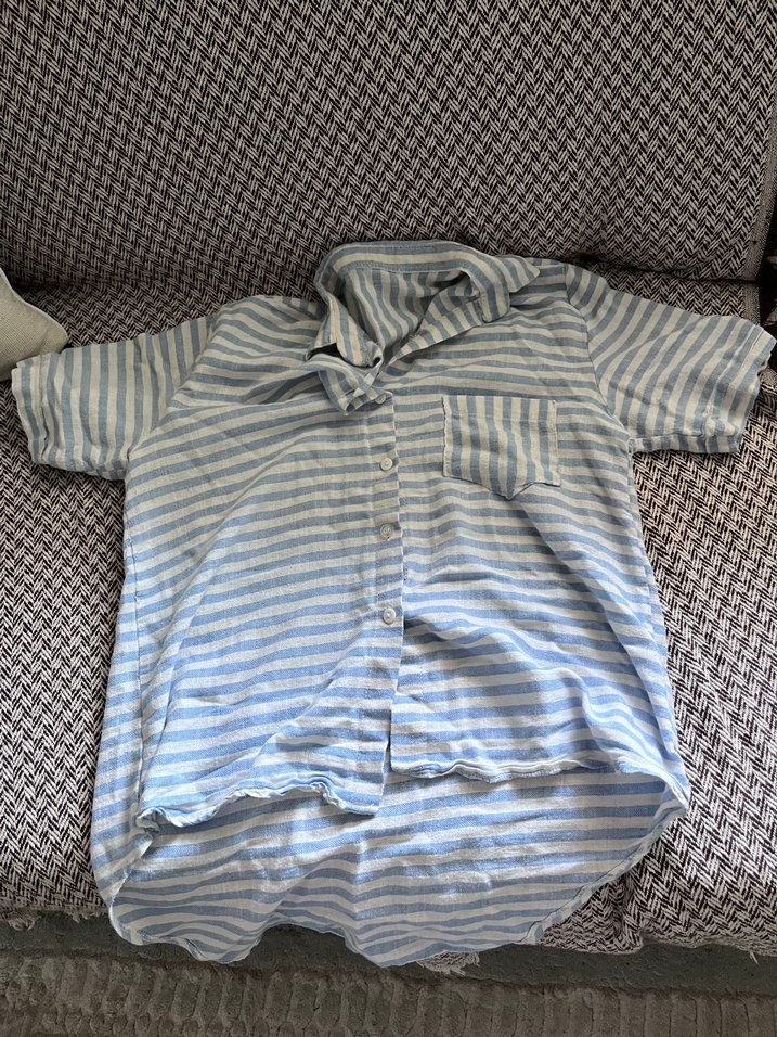 Mavi Çizgili Kısa Kollu şile bezi gömlek - Görsel 2