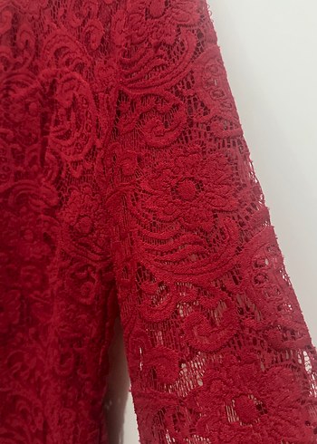 Kırmızı Dantel V Yaka Midi Elbise - Görsel 2