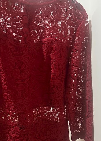 Kırmızı Dantel V Yaka Midi Elbise - Görsel 3