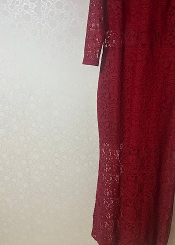 Kırmızı Dantel V Yaka Midi Elbise - Görsel 5