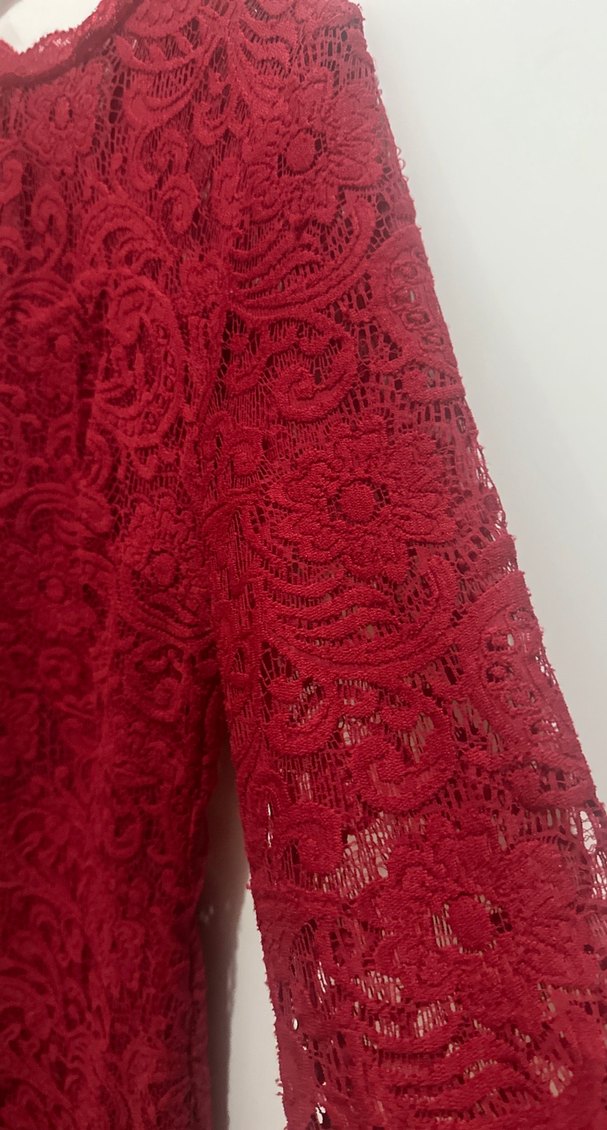 Kırmızı Dantel V Yaka Midi Elbise - Görsel 2