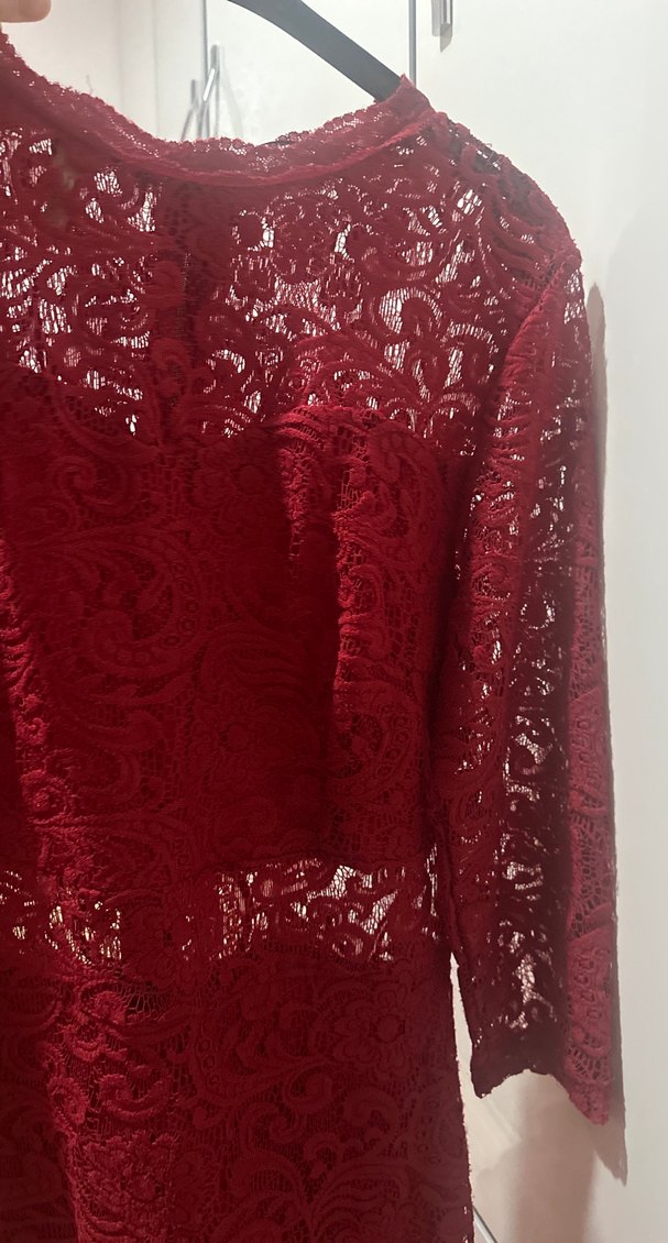 Kırmızı Dantel V Yaka Midi Elbise - Görsel 3