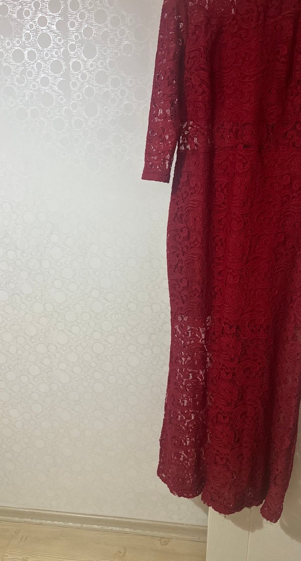 Kırmızı Dantel V Yaka Midi Elbise - Görsel 5