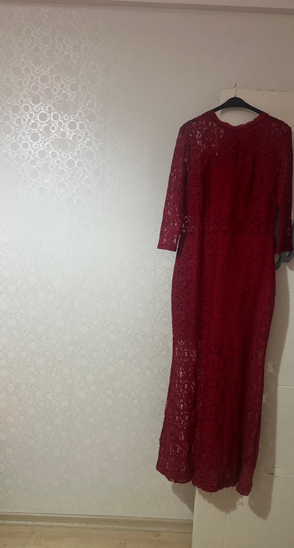 Kırmızı Dantel V Yaka Midi Elbise - Görsel 4