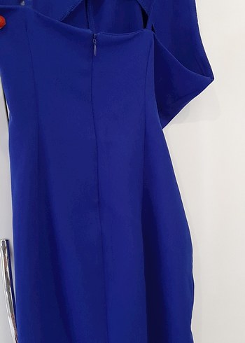 Mavi V Yaka Kolsuz Midi Elbise - Görsel 8