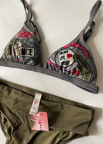 xs Beden haki Renk Gri Baskılı Mini Bikini Üstü ve Haki Altı