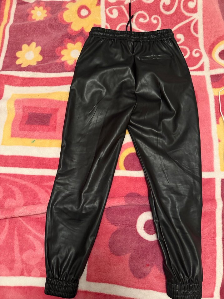 Siyah Deri Kadın Rahat Kesim Pantolon - Görsel 5