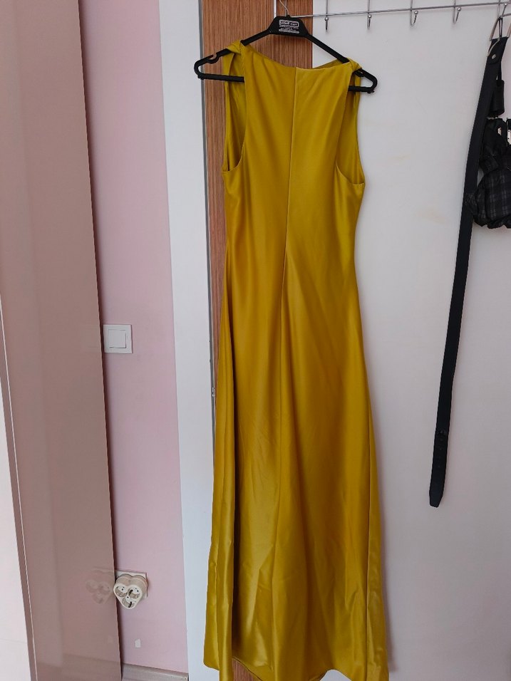 Sarı Drapeli Uzun Kadın Elbise - Görsel 3