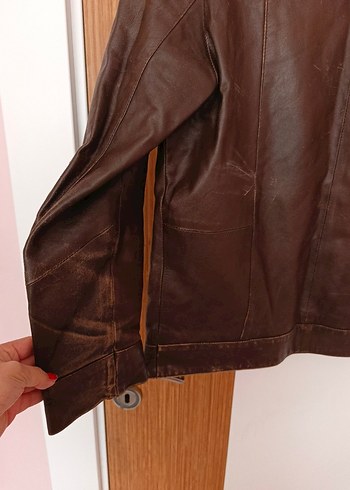 Kemer Detaylı Kahverengi Erkek Deri Ceket - Görsel 6