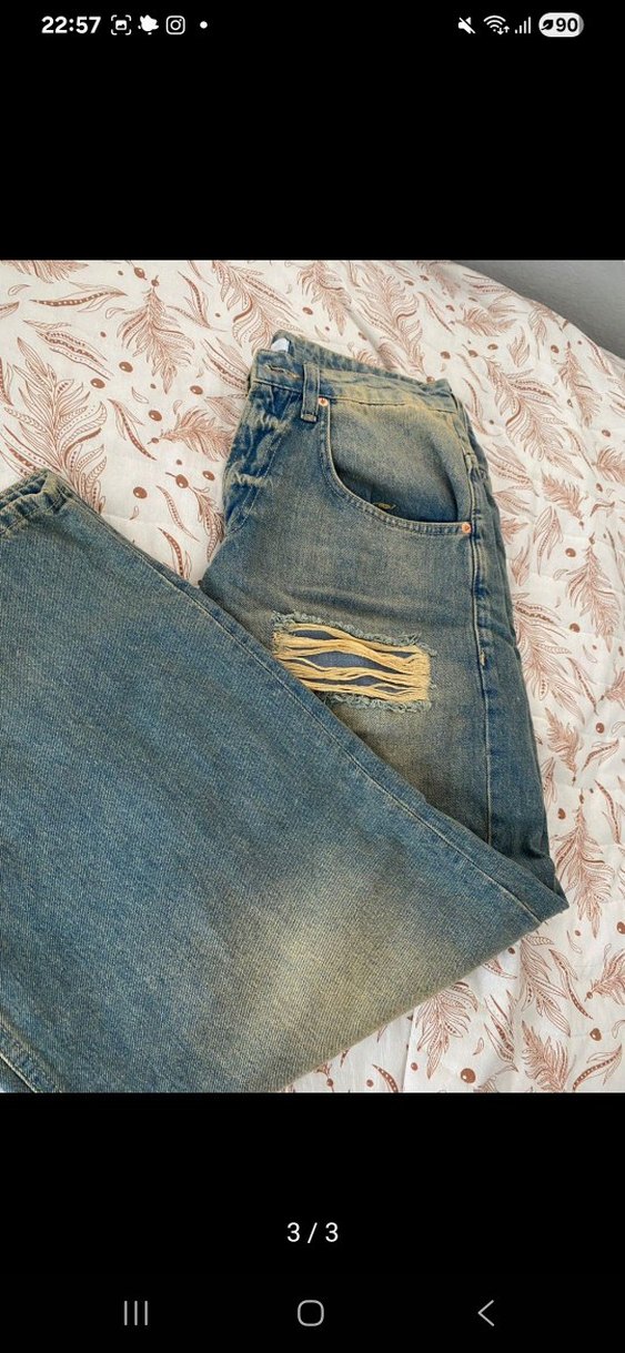 Düğmeli Mavi Loose Fit Kadın Denim Pantolon - Görsel 3