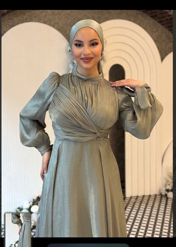mint yeşili Drapeli Uzun Abiye Elbise