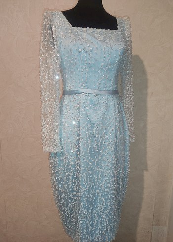 İşlemeli Uzun Kollu Mavi Abiye Elbise - Görsel 2