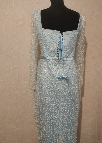 İşlemeli Uzun Kollu Mavi Abiye Elbise - Görsel 8