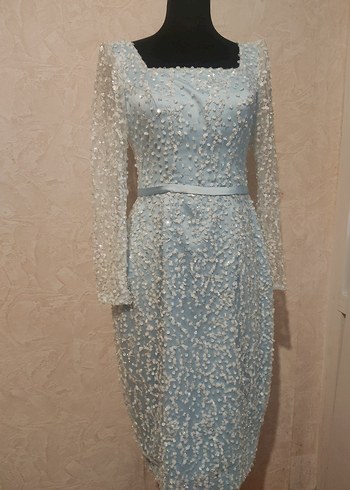 İşlemeli Uzun Kollu Mavi Abiye Elbise - Görsel 4