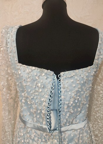 İşlemeli Uzun Kollu Mavi Abiye Elbise - Görsel 9