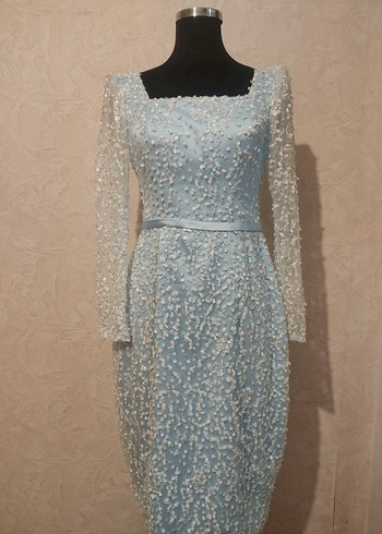 İşlemeli Uzun Kollu Mavi Abiye Elbise - Görsel 6